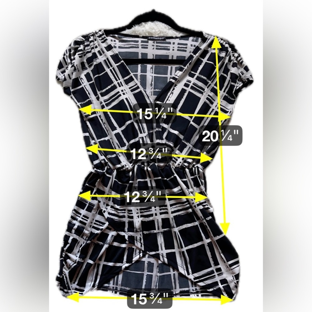 Contempo Women’s Black White Geometric Grid Print V-Neck Tunic Top Y2K Medium - Picture 10 of 12